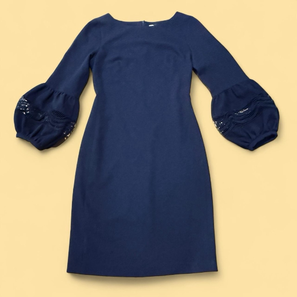 Karl Lagerfeld Navy Blue Sheath Dress 0 Bishop Sleeve Lace Career Coquette Fairy